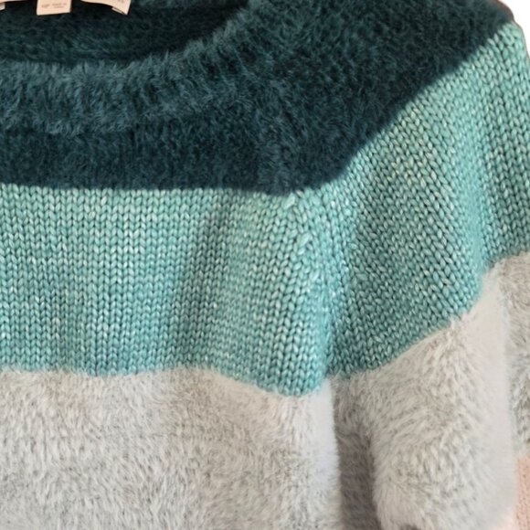 Loft Petite Medium Striped Sweater Crew Neck Soft Knit Teal Gray White Cozy Warm - Picture 4 of 6